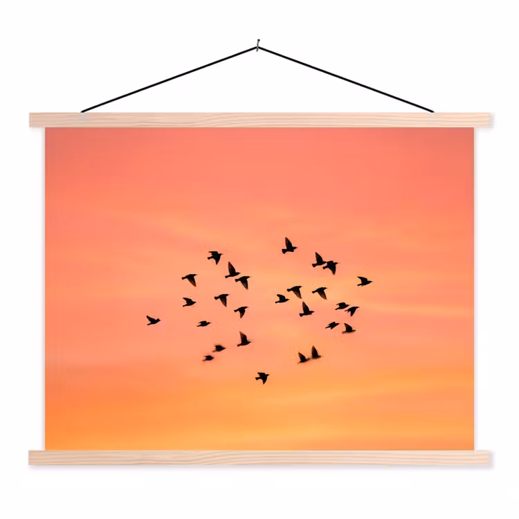 Zwerm - Vogels - Oranje textielposter latten blank klein -3d