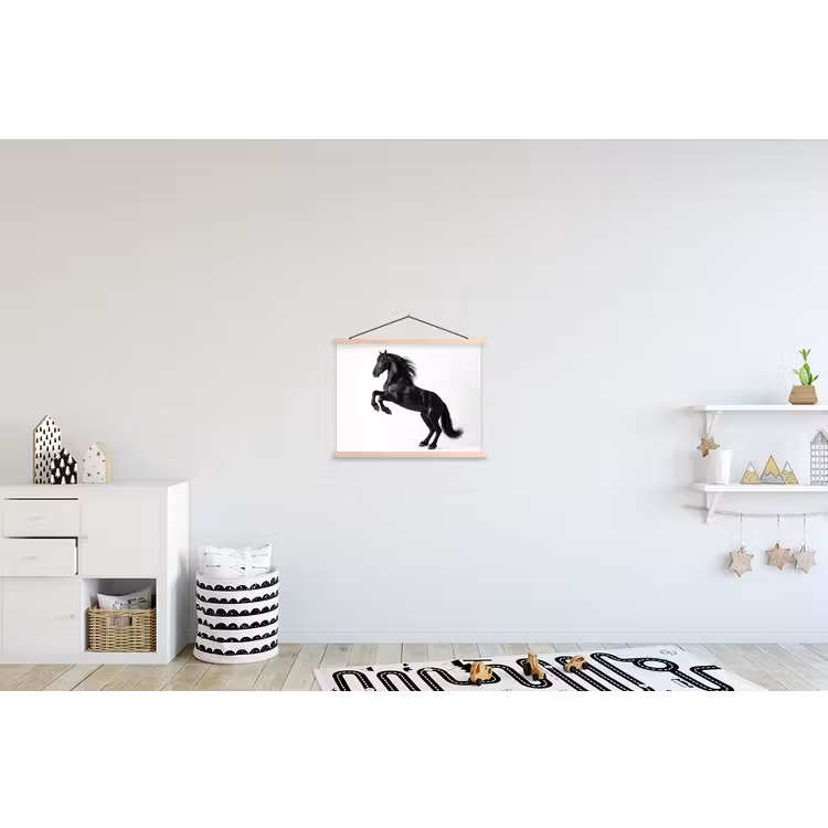 Zwart - Paard - Portret textielposter latten blank klein -kinderkamer