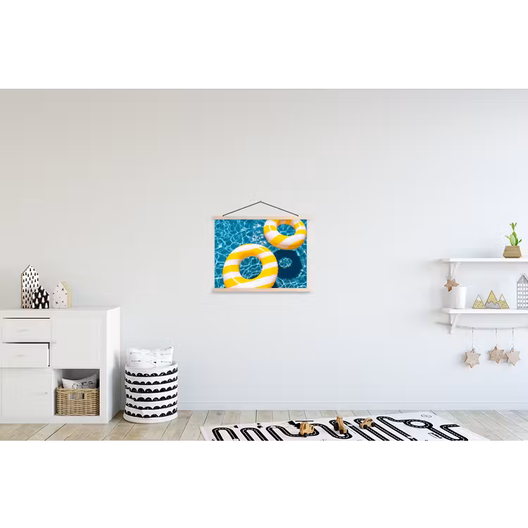 Zwembad - Zwembanden - Zomer - Geel - Blauw textielposter latten blank klein -kinderkamer
