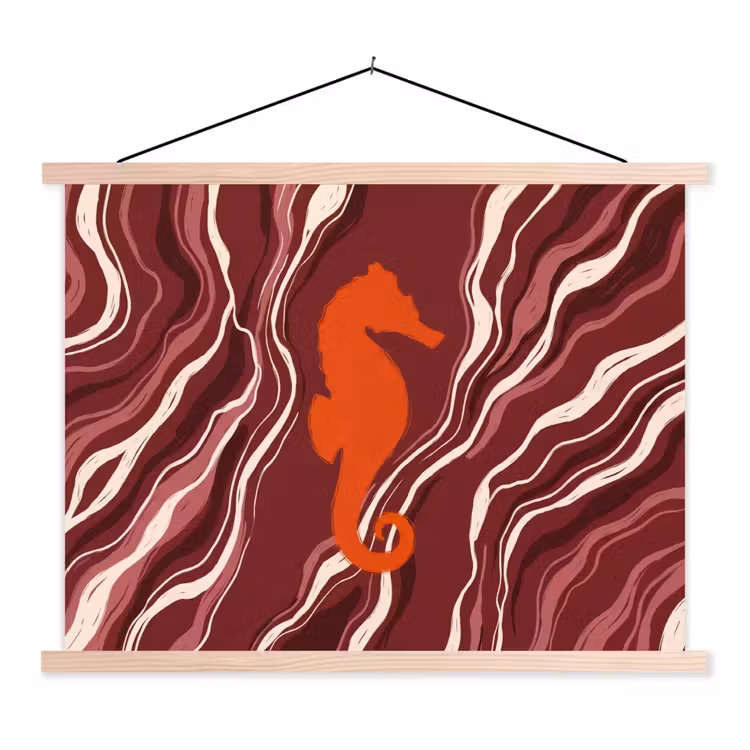Zeepaardje - Golven - Zeeleven - Abstract - Oranje textielposter latten blank klein -3d