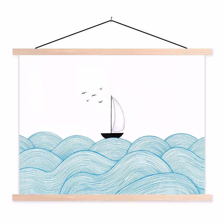 Zeilboot - Golven - Zee - Illustratie - Blauw textielposter latten blank klein -3d