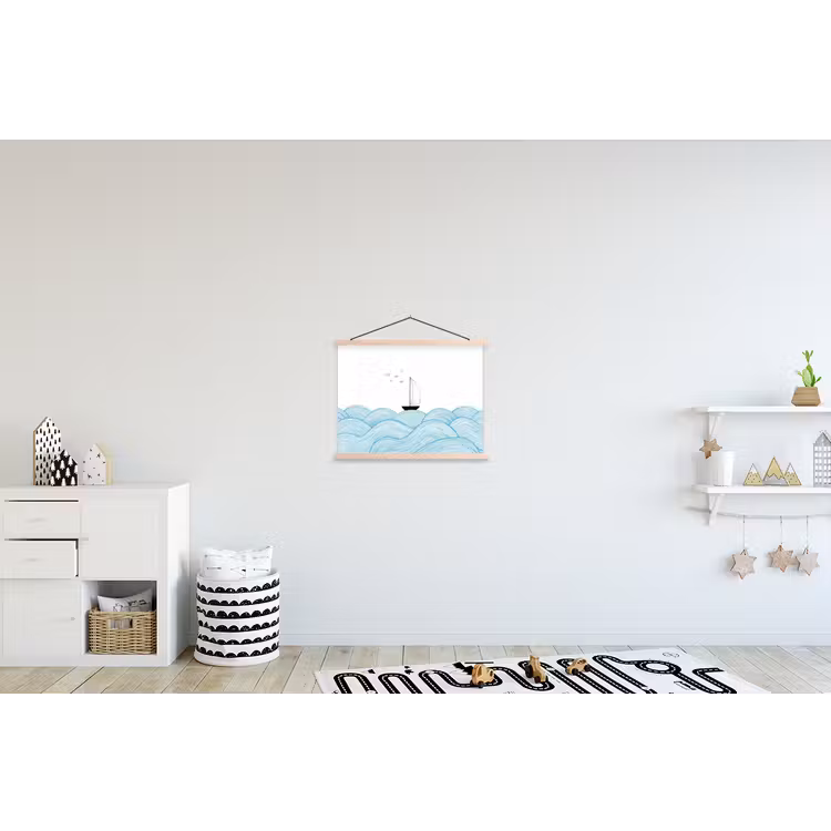 Zeilboot - Golven - Zee - Illustratie - Blauw textielposter latten blank klein -kinderkamer