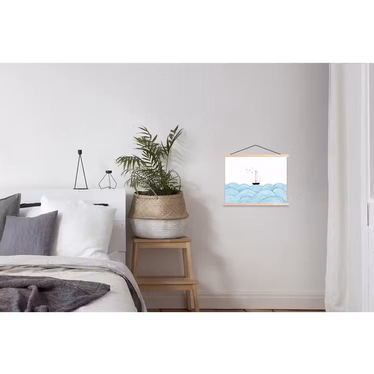 Zeilboot - Golven - Zee - Illustratie - Blauw textielposter latten blank klein -woonkamer
