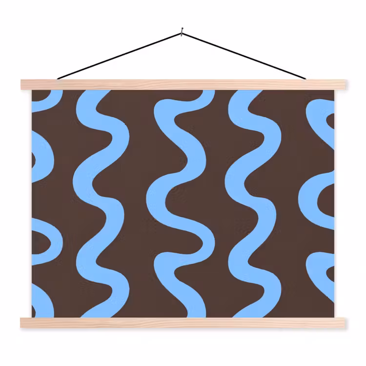 Kronkelende lijnen - Blauw - Bruin - Minimalistisch textielposter latten blank klein 122 -3d