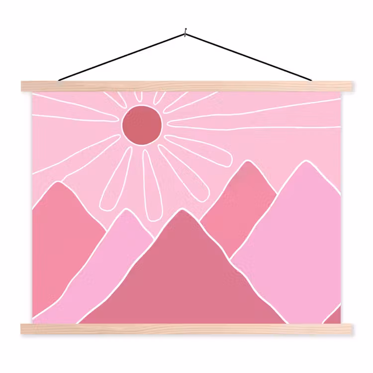 Zon - Bergen - Natuur - Abstract - Roze textielposter latten blank klein -3d