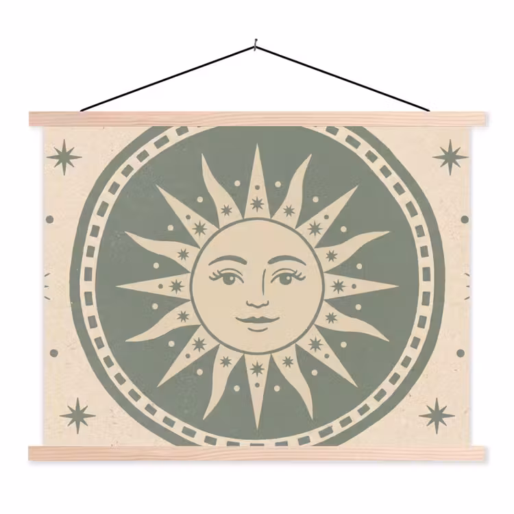 Zon - Sterren - Astrologie - Vintage - Groen textielposter latten blank klein -3d