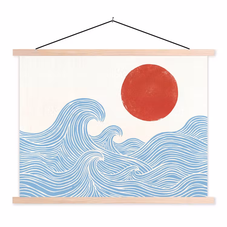 Zon - Golven - Oceaan - Abstract - Rood textielposter latten blank klein -3d