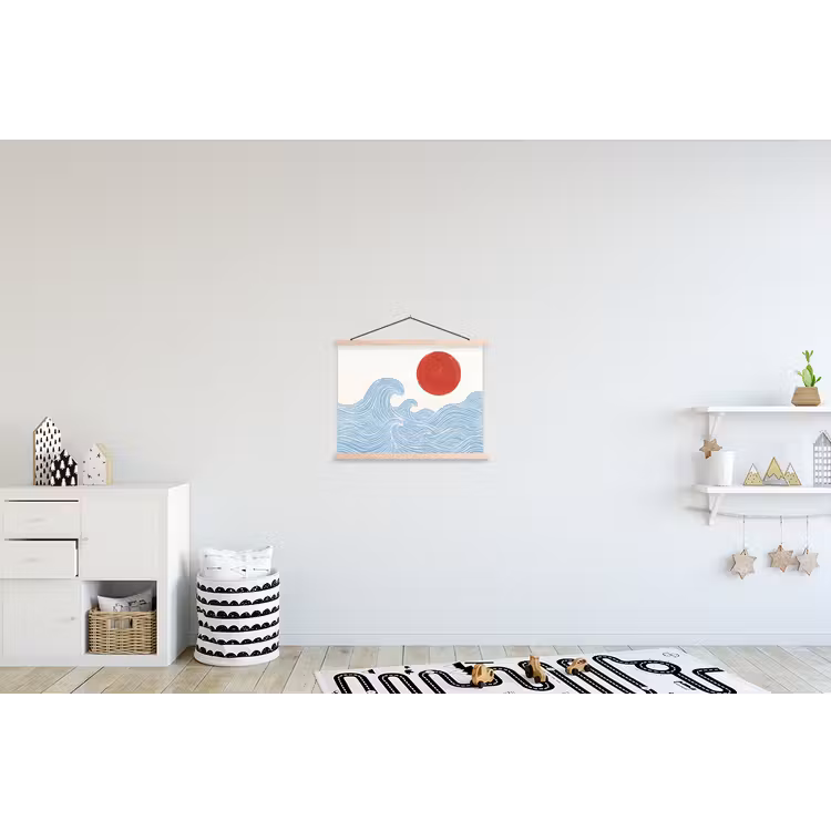 Zon - Golven - Oceaan - Abstract - Rood textielposter latten blank klein -kinderkamer