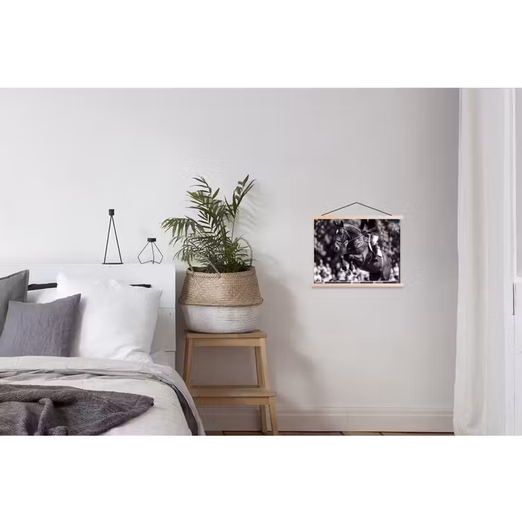 Springen - Paard - Zwart - Wit textielposter latten blank klein -woonkamer