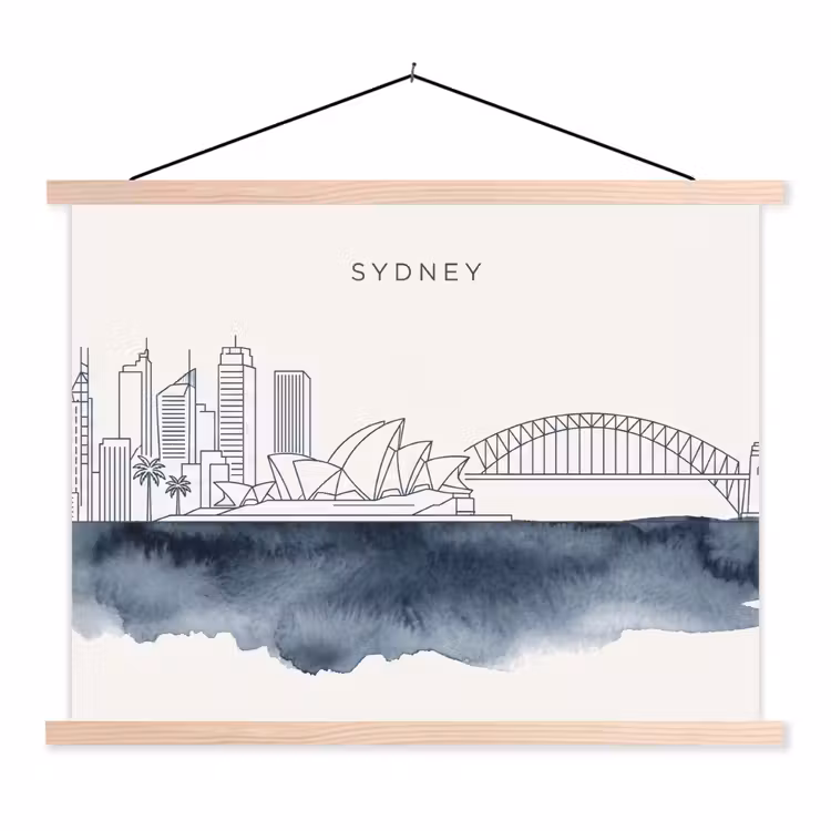 Stad - Skyline - Architectuur - Minimalistisch - Blauw textielposter latten blank klein -3d