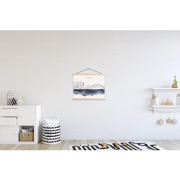 Stad - Skyline - Architectuur - Minimalistisch - Blauw textielposter latten blank klein -kinderkamer