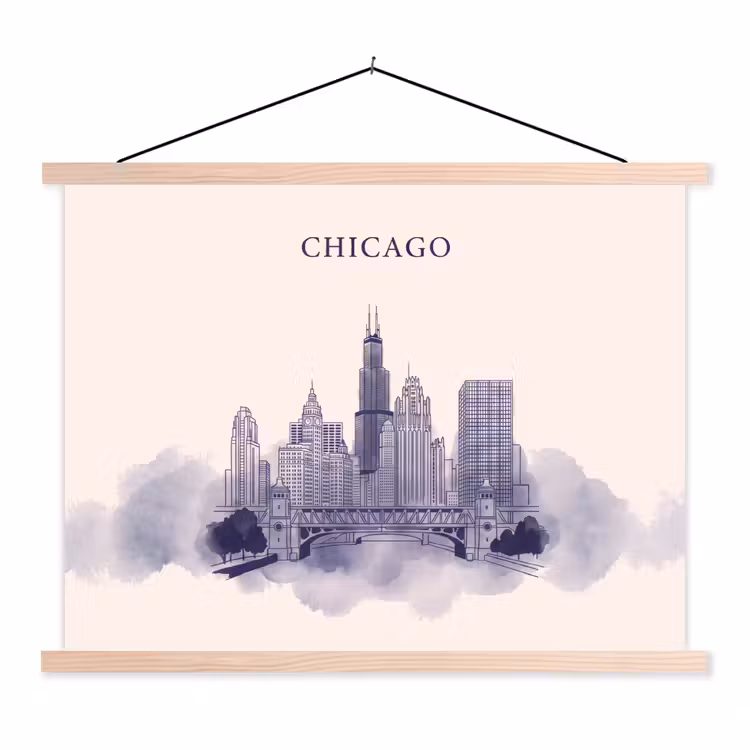 Stad - Skyline - Architectuur - Lijntekening - Blauw textielposter latten blank klein -3d