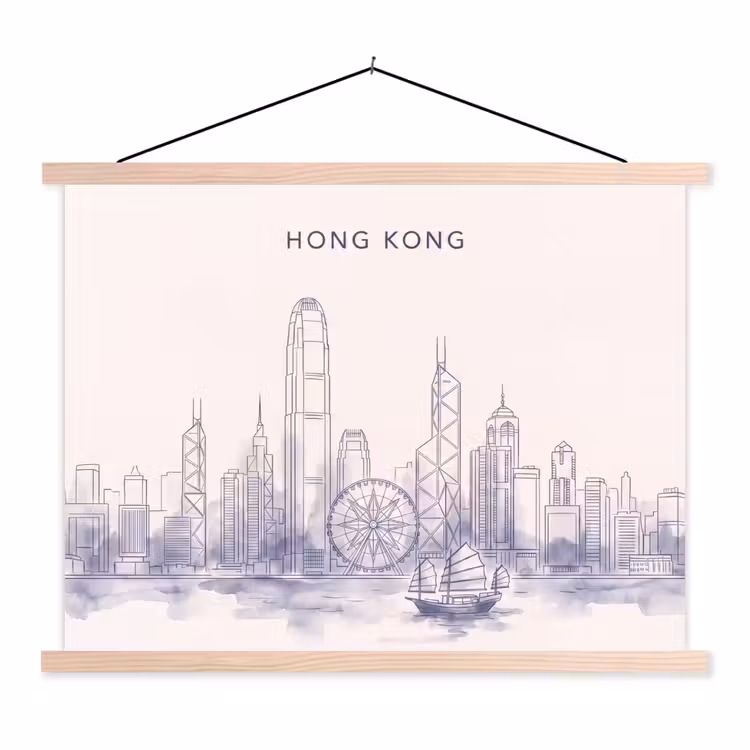 Stad - Skyline - Water - Lijntekening - Blauw textielposter latten blank klein -3d