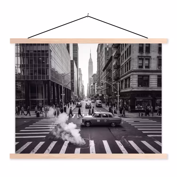 Stad - Straat - Gebouwen - Verkeer - Zwart-wit textielposter latten blank klein -3d