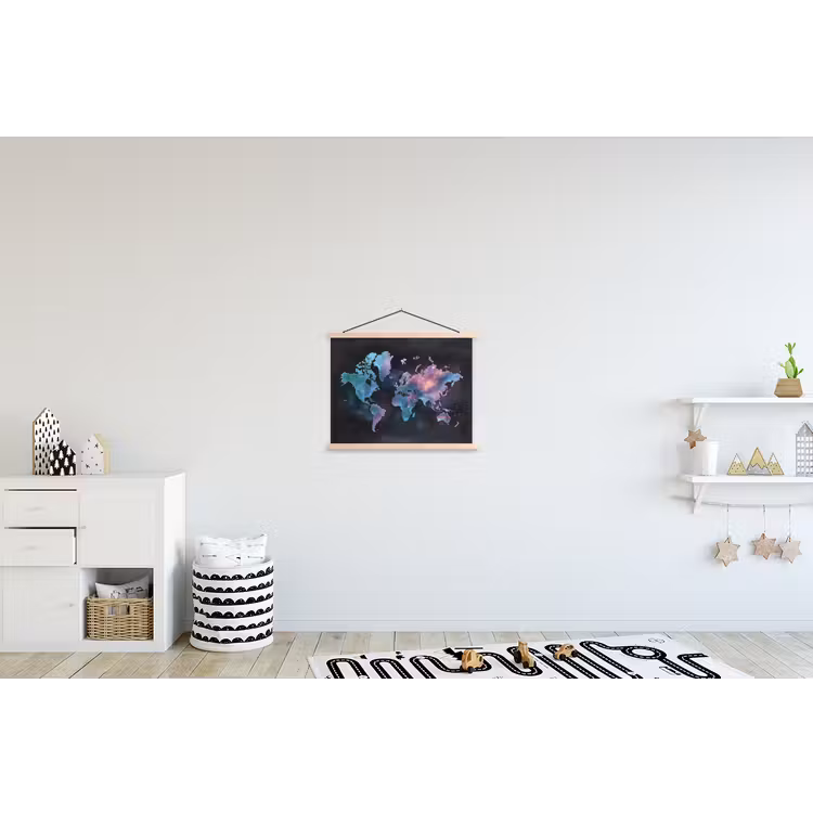 Sterren - Wereldkaart - Blauw textielposter latten blank klein -kinderkamer