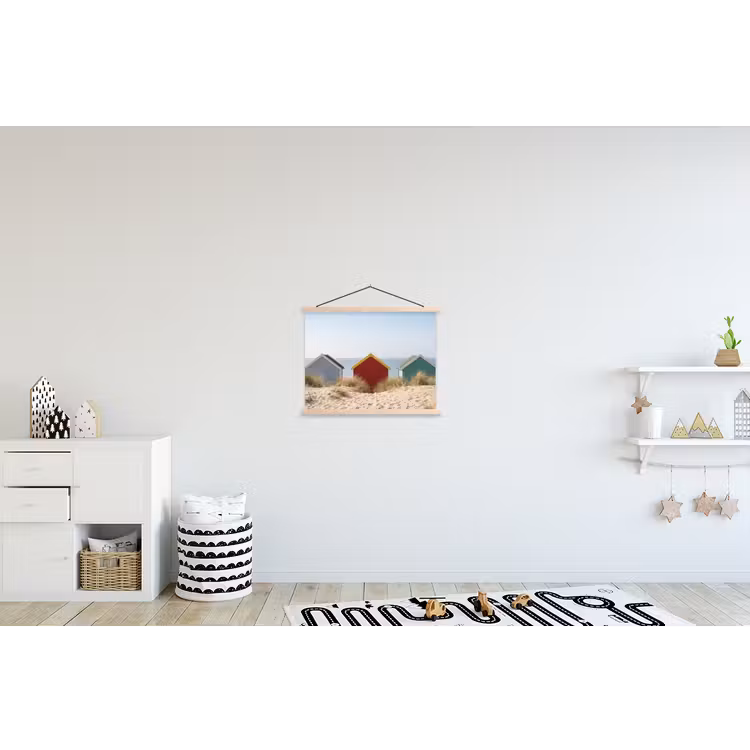 Strand - Huisjes - Kleurrijk - Duinen textielposter latten blank klein -kinderkamer