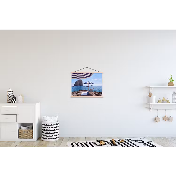 Strand - Ligstoel - Parasol - Zomer - Blauw textielposter latten blank klein -kinderkamer