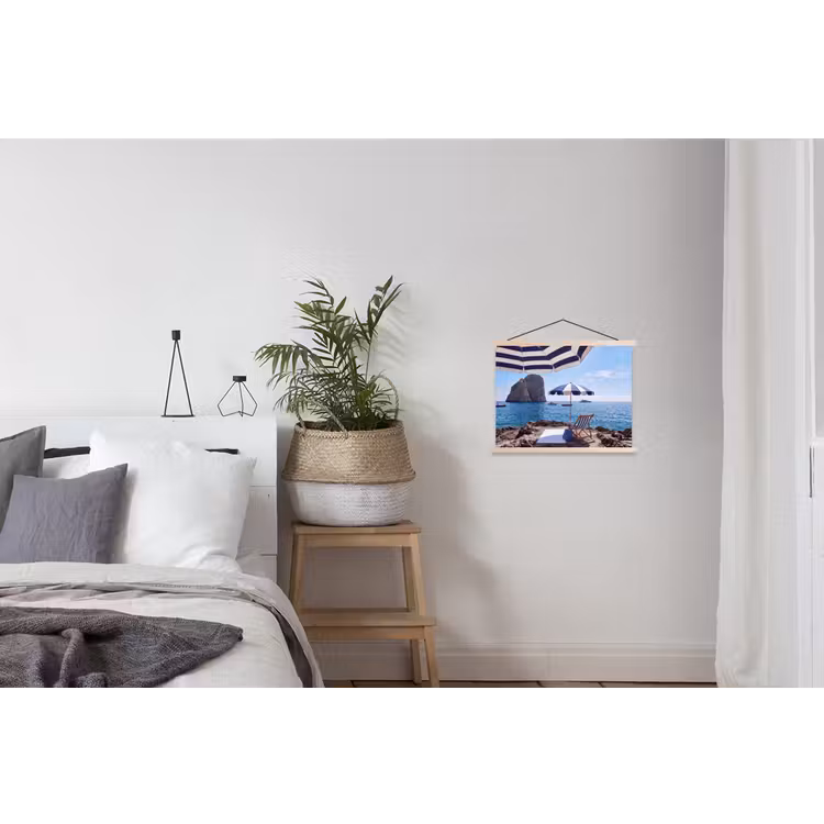 Strand - Ligstoel - Parasol - Zomer - Blauw textielposter latten blank klein -woonkamer