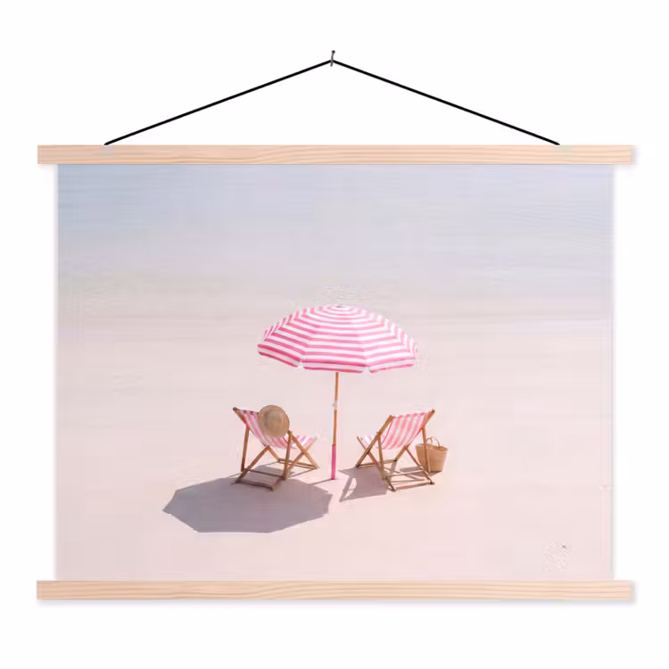 Strand - Parasol - Ligstoel - Zomer - Roze textielposter latten blank klein -3d