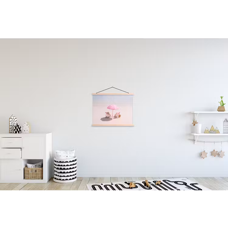 Strand - Parasol - Ligstoel - Zomer - Roze textielposter latten blank klein -kinderkamer
