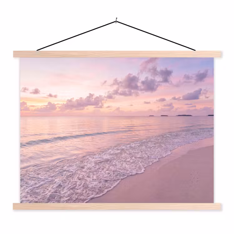 Strand - Zonsondergang - Natuur - Minimalistisch - Roze textielposter latten blank klein -3d