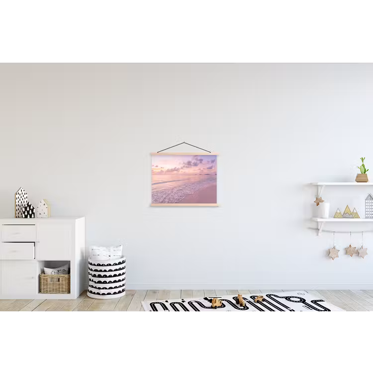 Strand - Zonsondergang - Natuur - Minimalistisch - Roze textielposter latten blank klein -kinderkamer