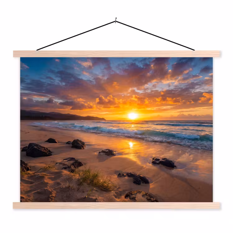 Strand - Zonsondergang - Golven - Natuur - Oranje textielposter latten blank klein -3d
