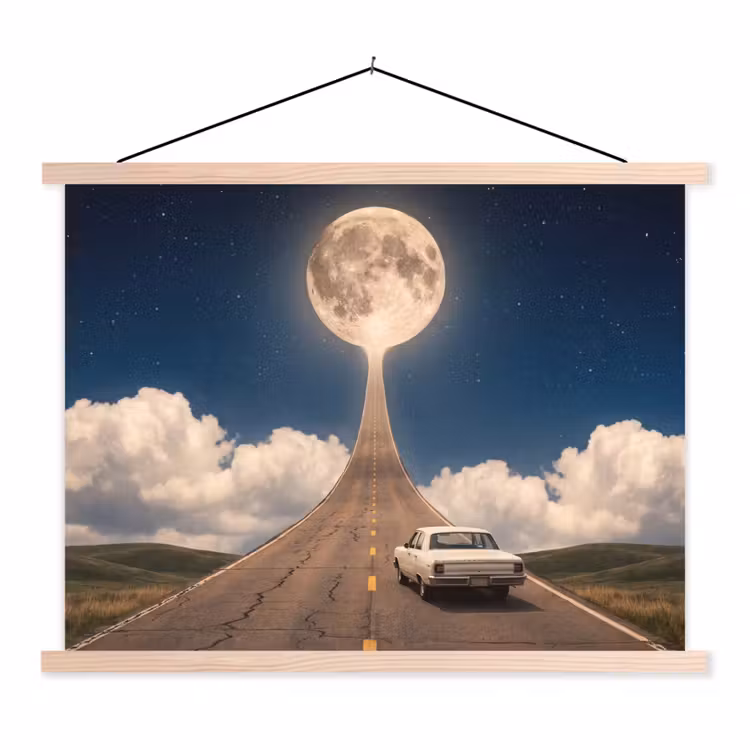 Stoffbild - Straße – Mond – Nacht - Weg - Maan - Nacht textielposter latten blank klein