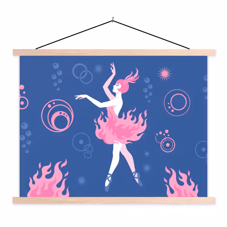 Danseres - Vlammenrok - Abstract - Roze - Blauw textielposter latten blank klein -3d