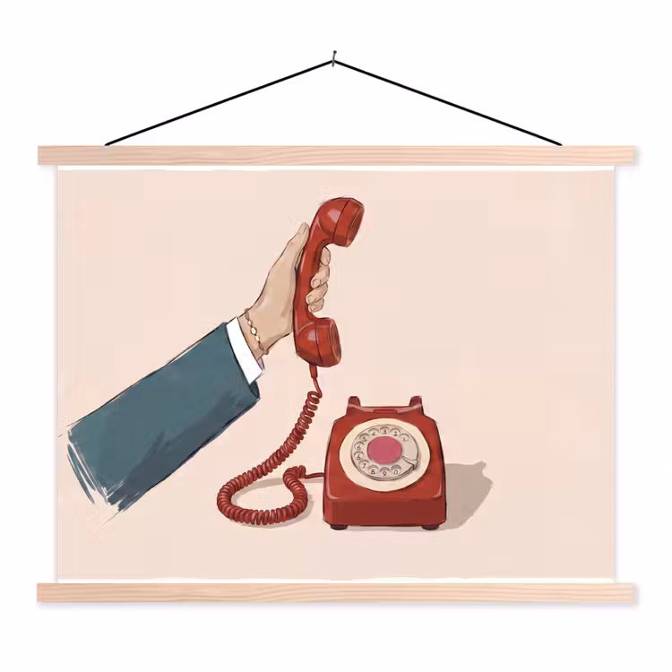 Telefoon - Hand - Vintage - Communicatie - Rood textielposter latten blank klein -3d