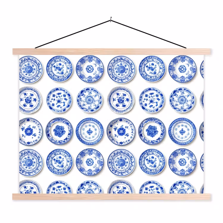 Borden - Bloemen - Patroon - Blauw textielposter latten blank klein 122 -3d