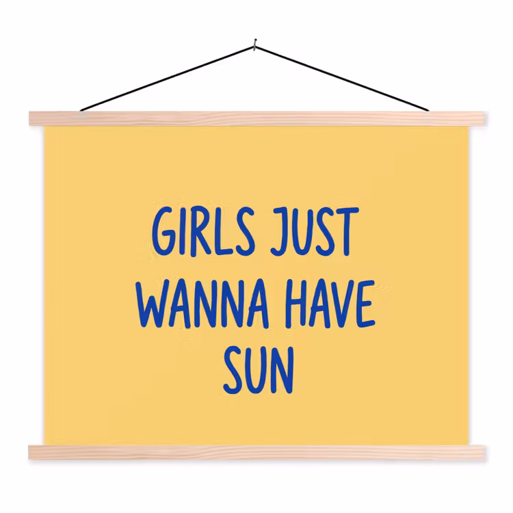 Tekst - Zon - Zomer - Modern - Geel textielposter latten blank klein -3d