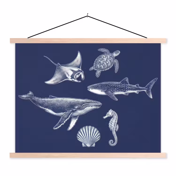 Dieren - Zeeleven - Oceaan - Graveren - Blauw textielposter latten blank klein -3d