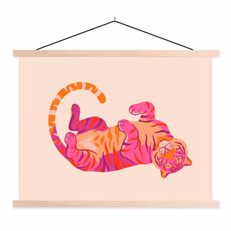 Tijger - Roze - Oranje textielposter latten blank klein -3d