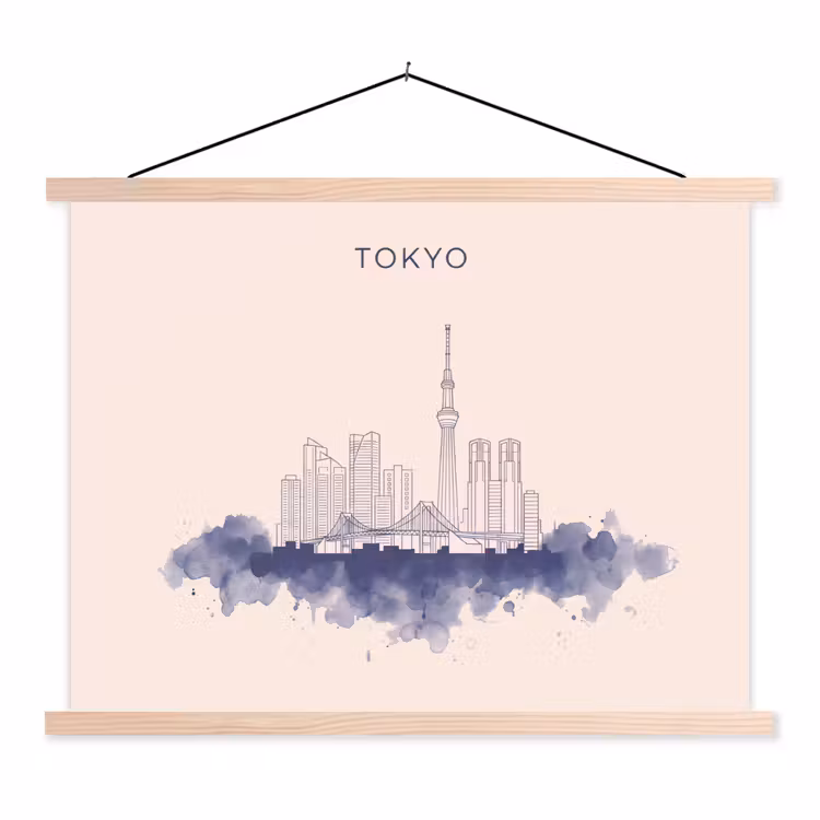 Tokyo - Skyline - Stad - Abstract - Blauw textielposter latten blank klein -3d