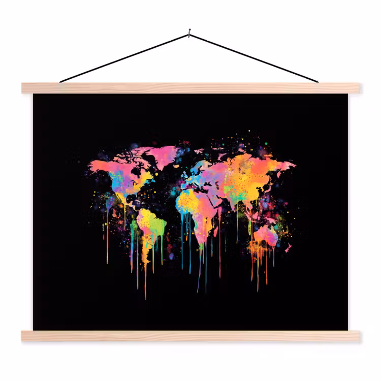Druipen - Wereldkaart - Kleurrijk - Verticaal textielposter latten blank klein -3d