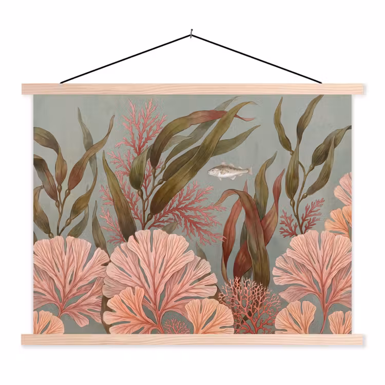 Onderwater - Planten - Vis - Vintage - Groen textielposter latten blank klein -3d