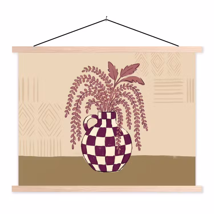Vaas - Geruit - Planten - Modern - Paars textielposter latten blank klein -3d