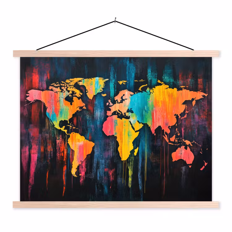 Verticaal - Banen - Verf - Wereldkaart textielposter latten blank klein -3d