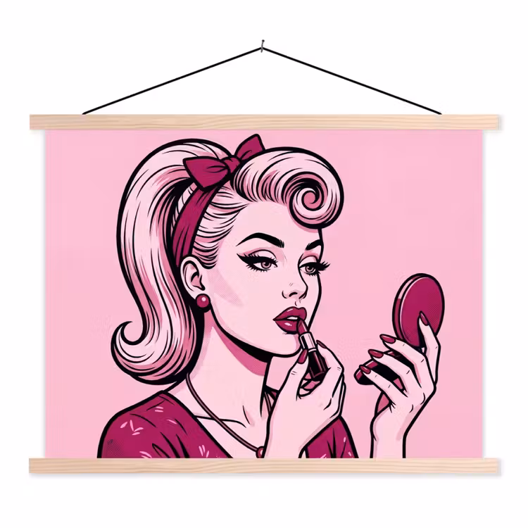 Vintage - Vrouw - Roze textielposter latten blank klein -3d