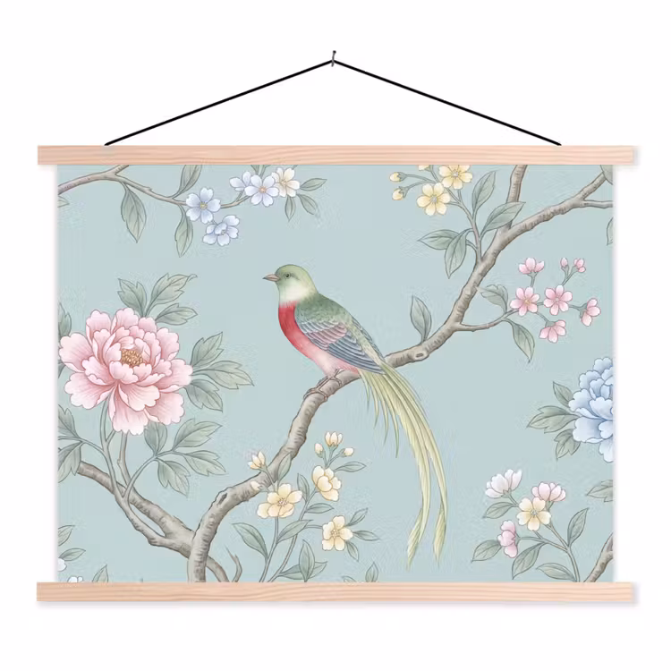Vogel - Bloemen - Kleurrijk textielposter latten blank klein -3d