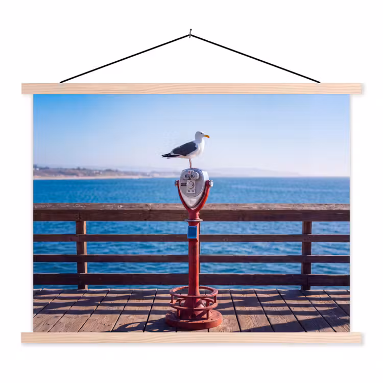 Vogel - Verrekijker - Kust - Zee - Blauw textielposter latten blank klein -3d