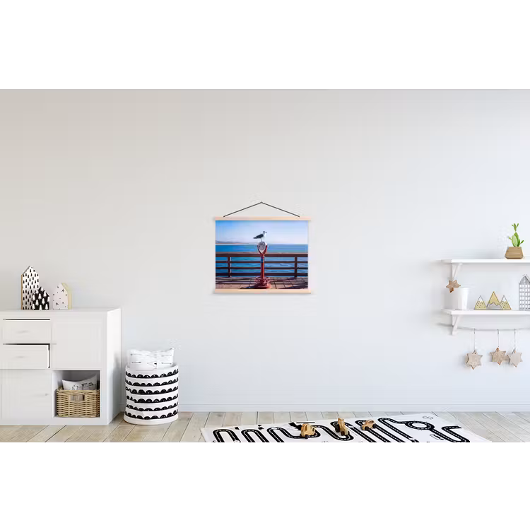Vogel - Verrekijker - Kust - Zee - Blauw textielposter latten blank klein -kinderkamer