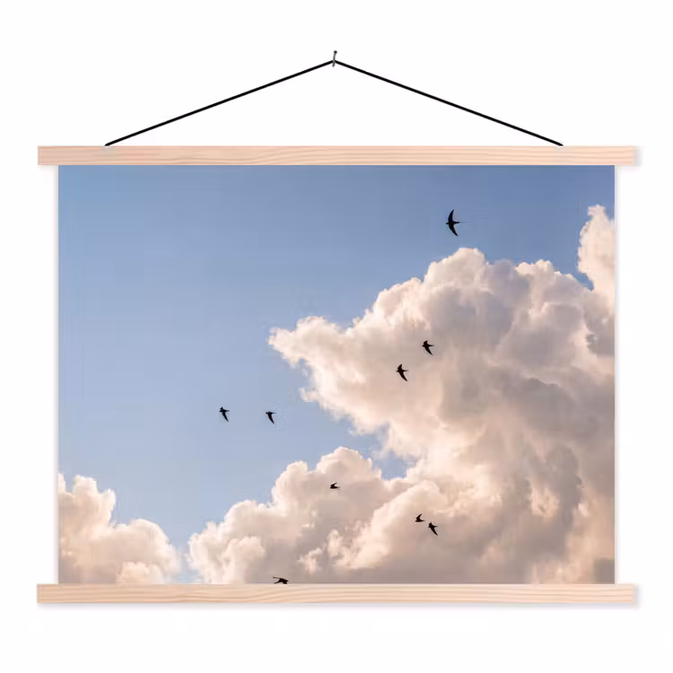 Vogel - Vlucht - Wolken - Natuur - Blauw textielposter latten blank klein -3d