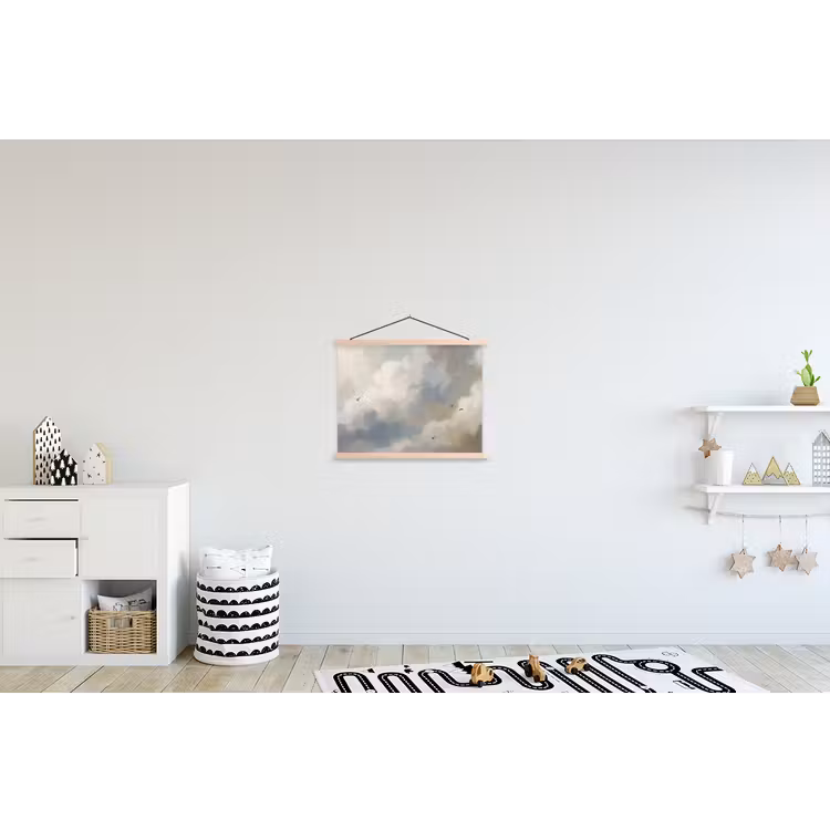 Vogel - Wolken - Natuur - Modern - Grijs textielposter latten blank klein -kinderkamer