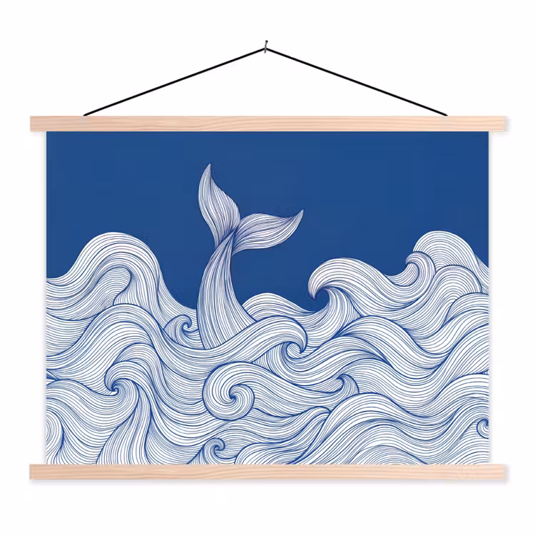 Walvis - Staart - Golven - Lijntekening - Blauw textielposter latten blank klein -3d