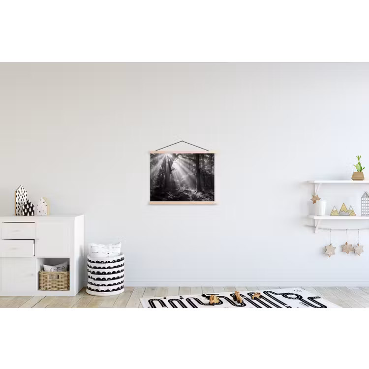 Bos - Lichtstralen - Natuur - Zwart-wit textielposter latten blank klein -kinderkamer