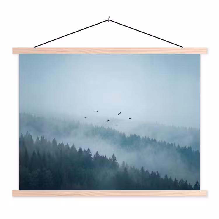 Bos - Mist - Vogels - Natuur - Groen textielposter latten blank klein -3d