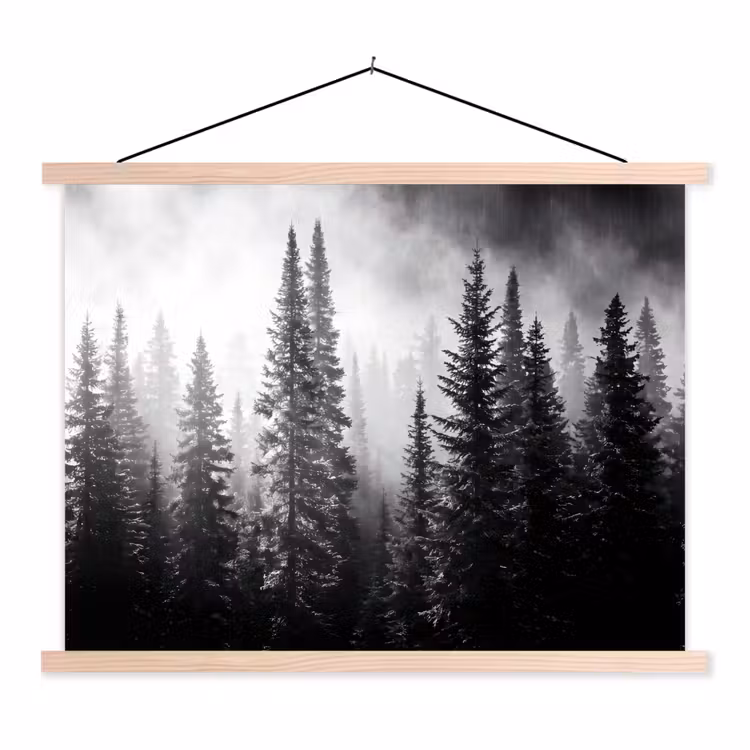 Bos - Mist - Winter - Monochroom - Natuur textielposter latten blank klein -3d