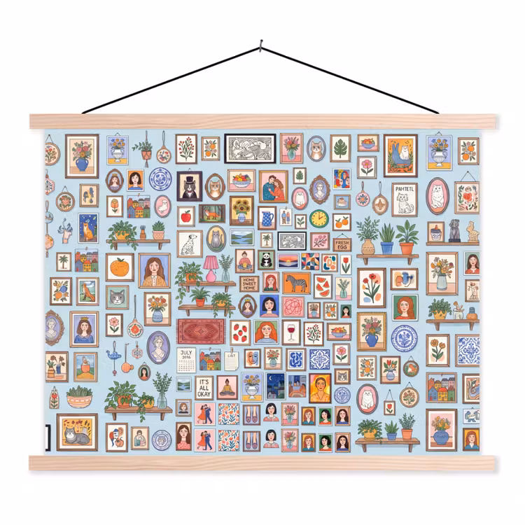 Wanddecoratie - Collectie - Huis - Illustratief - Kleurrijk textielposter latten blank klein -3d